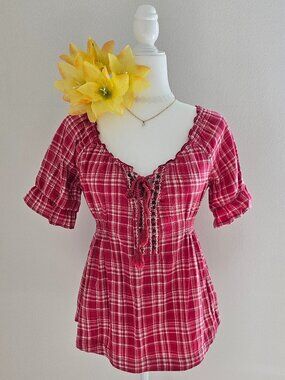 Forever 21 Red Plaid Peasant Blouse Smocked Waist Tassel Boho Top